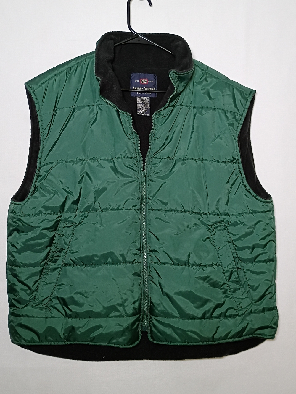 Vintage Faded Glory Mens Puffer Vest XL Hunter Green Full Zip Black Fleece Lined
